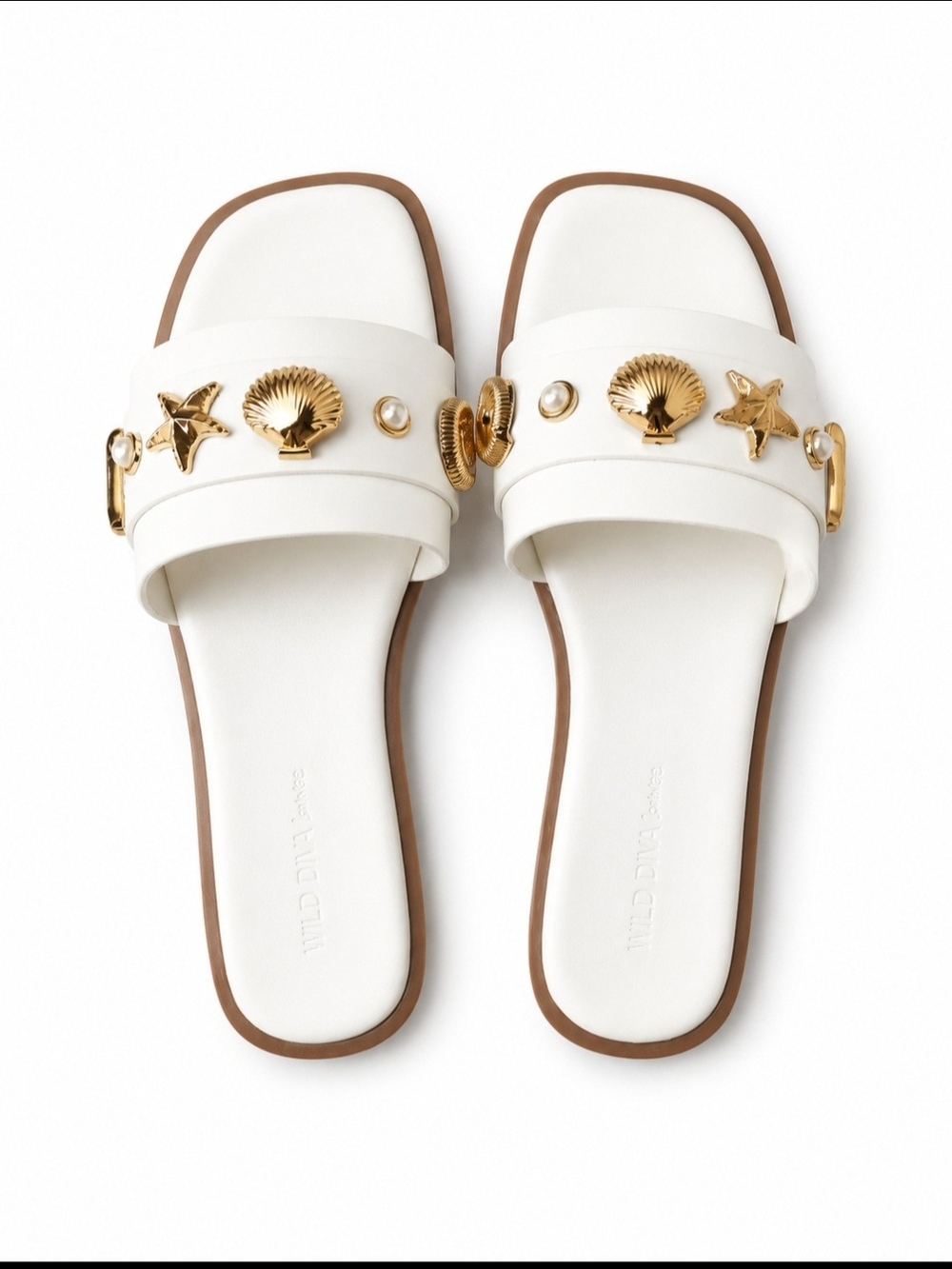 Wild Diva White Slide Sandals with Gold Shell & Star Accents